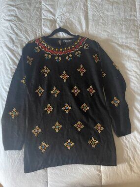 Vintage Women's Silk + Angora Sweater w/ Rhinestones + Beading Size L